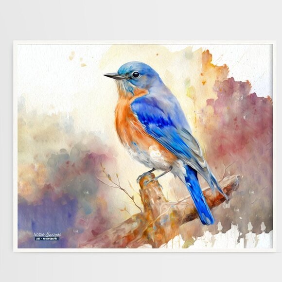 NobleCaptures Other - 16x20 Eastern Bluebird‎ Watercolor Oil Painting Wall Art Print